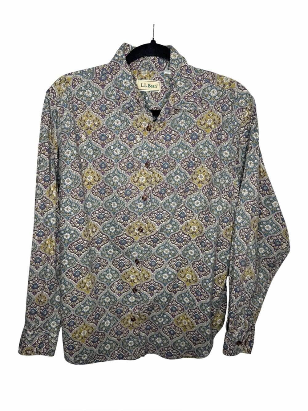 L.L.BEAN / vintage 80s purple blue green floral abstract button up shirt / 14